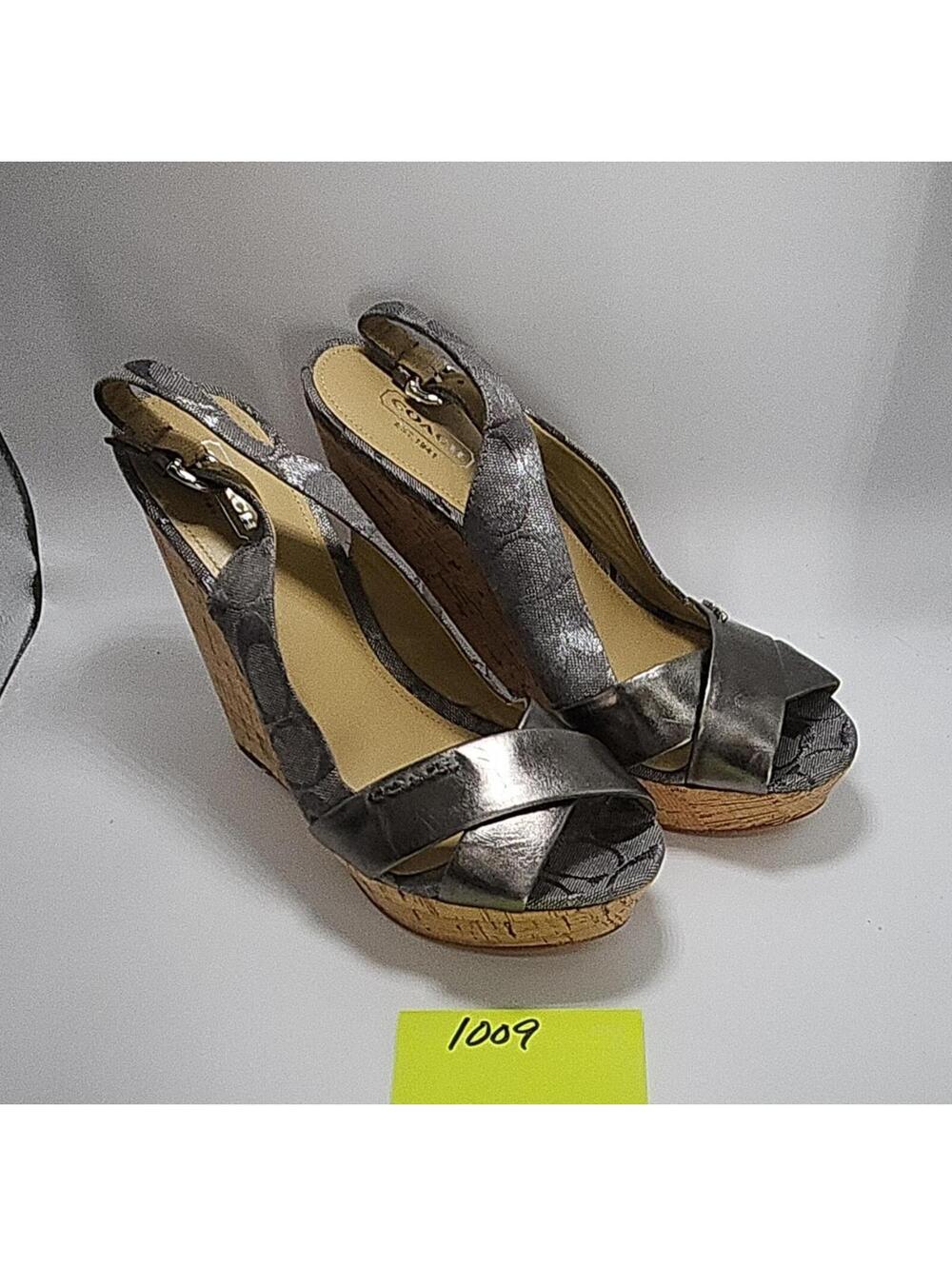 COACH Women’s Silver Logo Open Toe Ankle Strap Buckle Wedge Heel 8 B